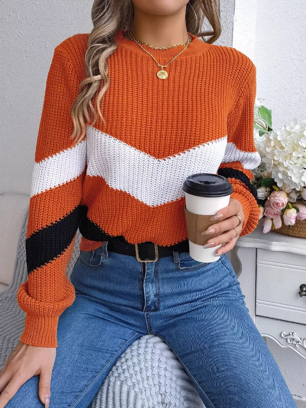 Chevron Stripe Color Block Round Neck Sweater, image 4