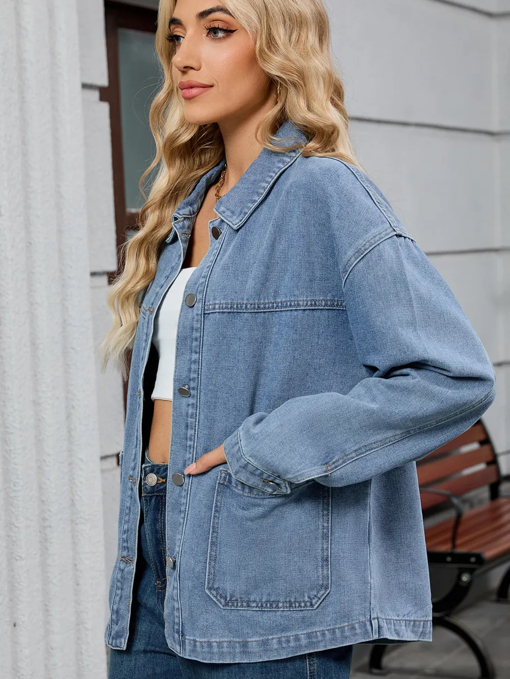 Washed Oversized Button Down Denim Jacket, image 7