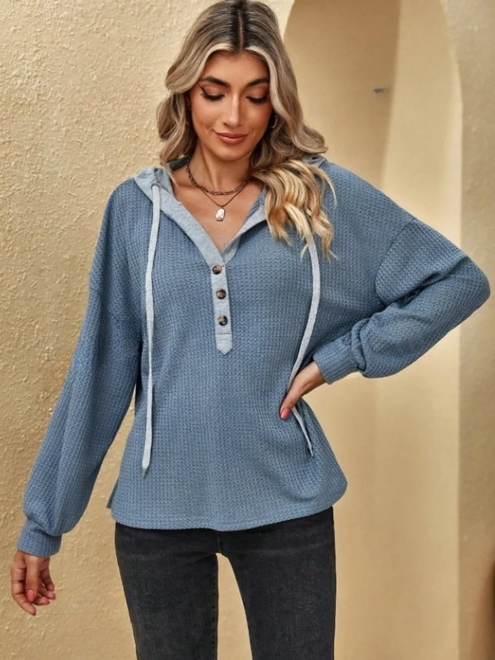 Drawstring Waffle Knit Hoodie, image 11