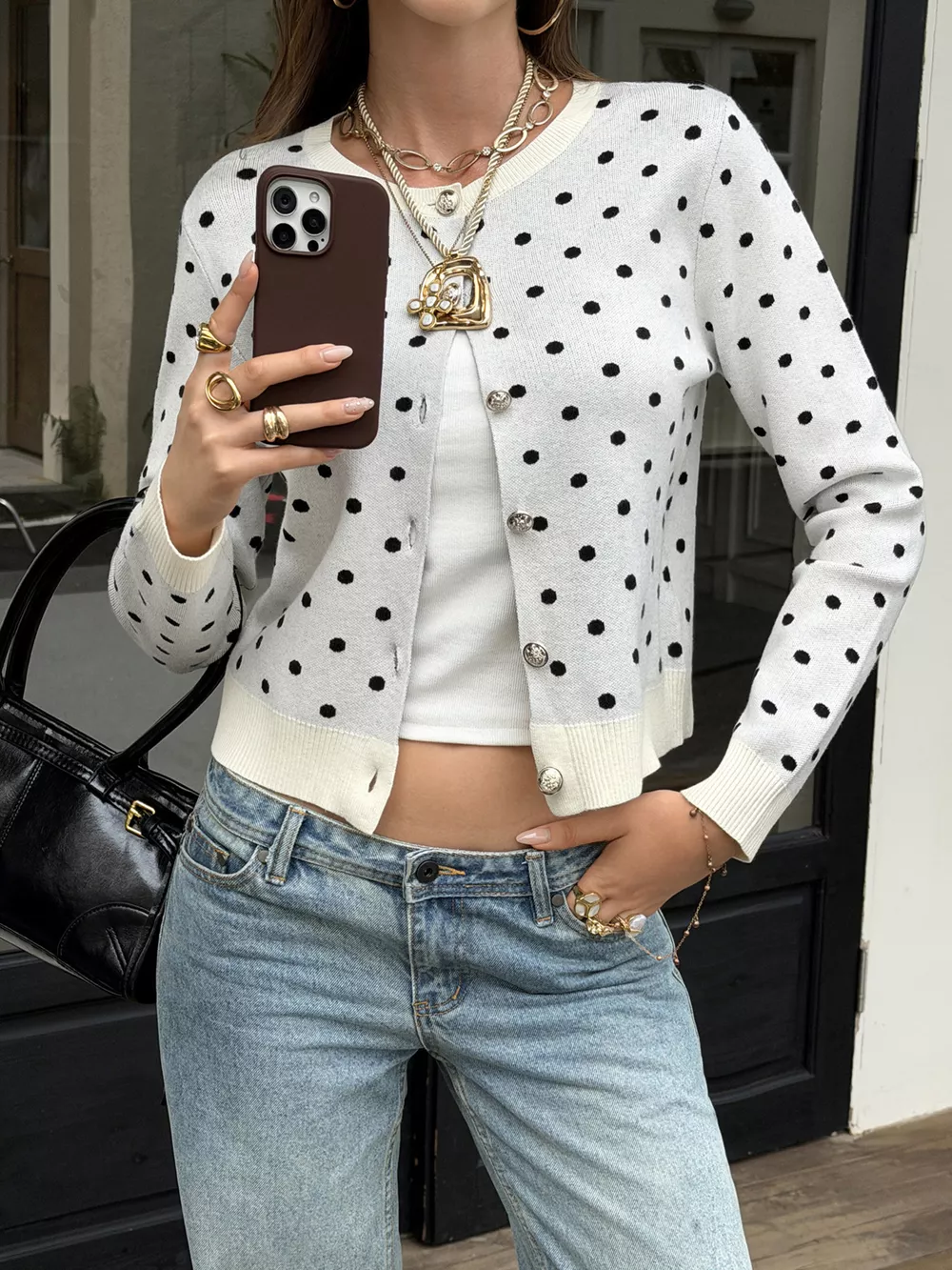 Polka Dot Button-Down Front Cardigan, image 4