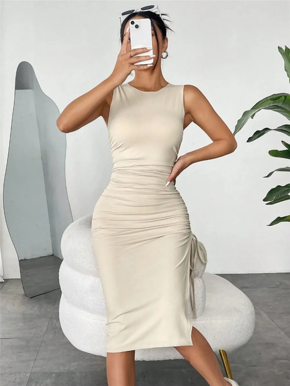 Sleeveless Ruched Bodycon Midi Dress with Side Drawstring, image 5