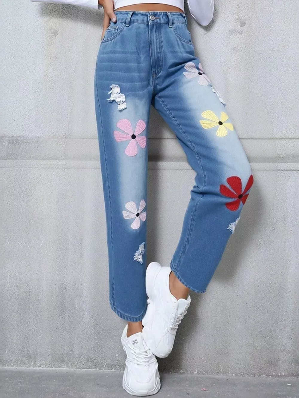 Floral Embroidered High Waist Distressed Jeans