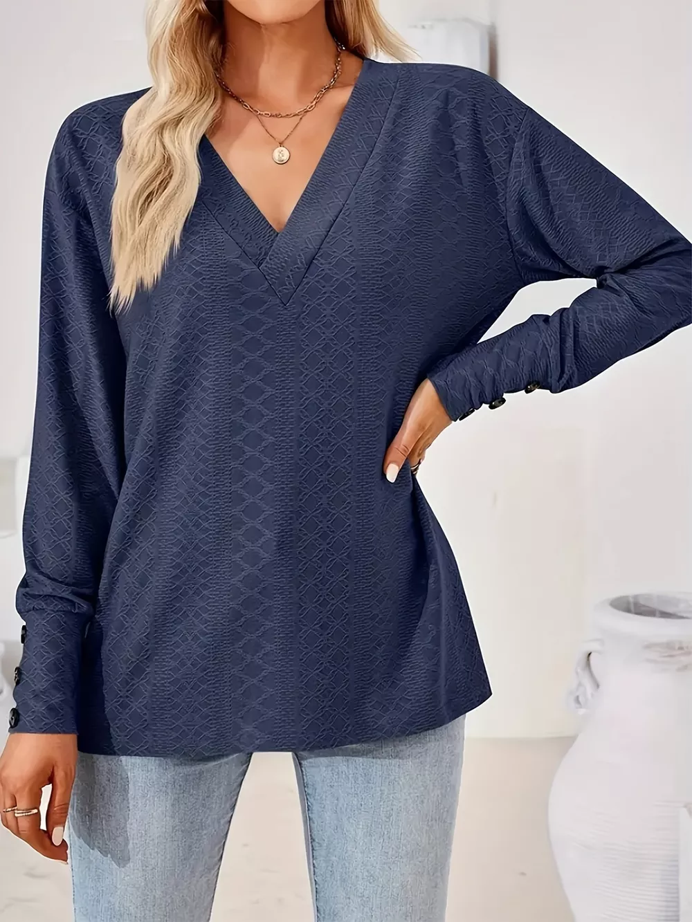 Plus Size V-Neck Textured Long Sleeve T-Shirt, image 8