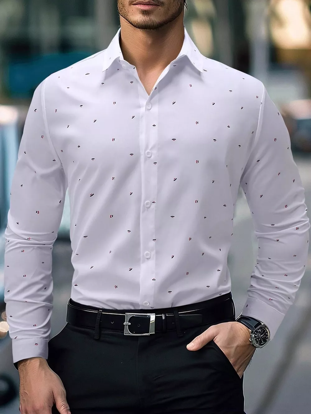 Men's Slim Fit Printed Long Sleeve Shirt