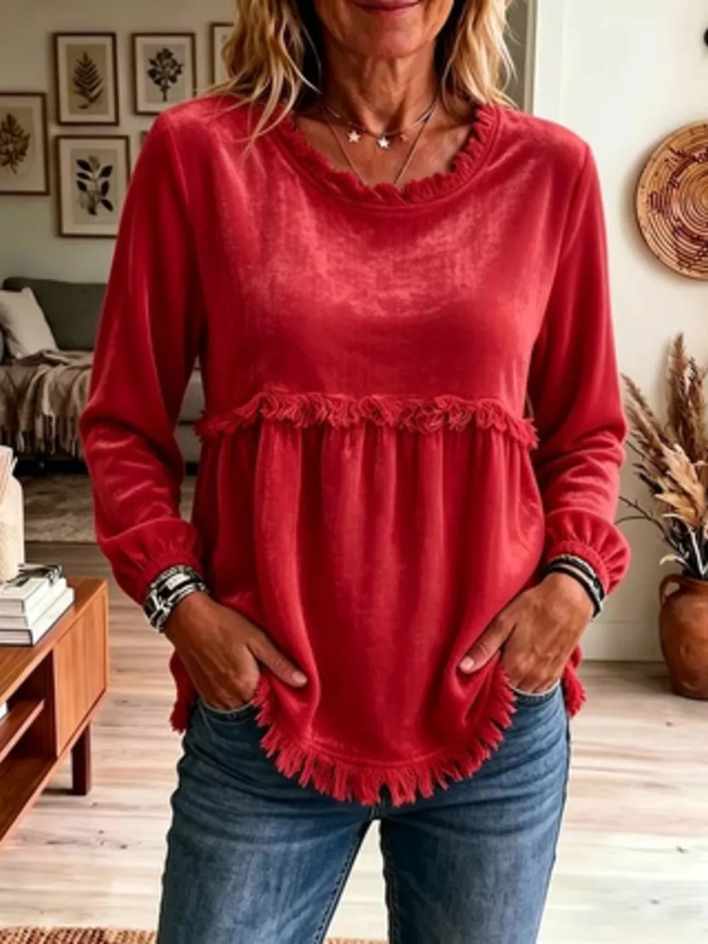 Fringed Hem Long Sleeve T-Shirt, image 16