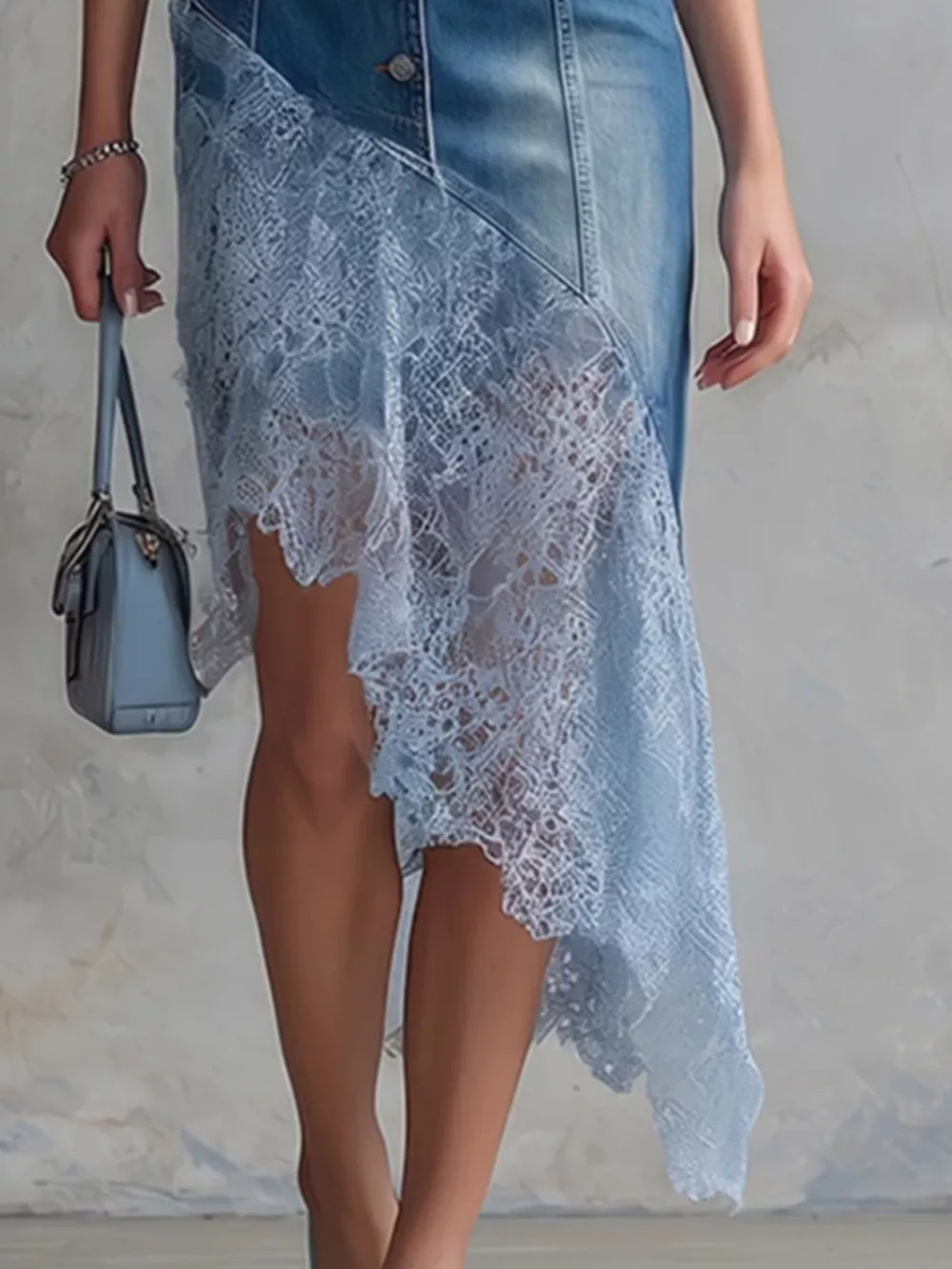 Sleeveless Patchwork Denim Dress with Asymmetric Lace Hem, image 3