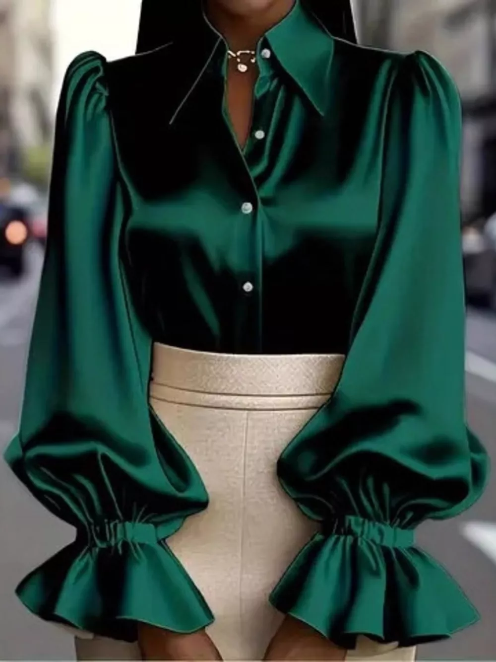 Satin Button Up Flounce Sleeve Shirt, image 8