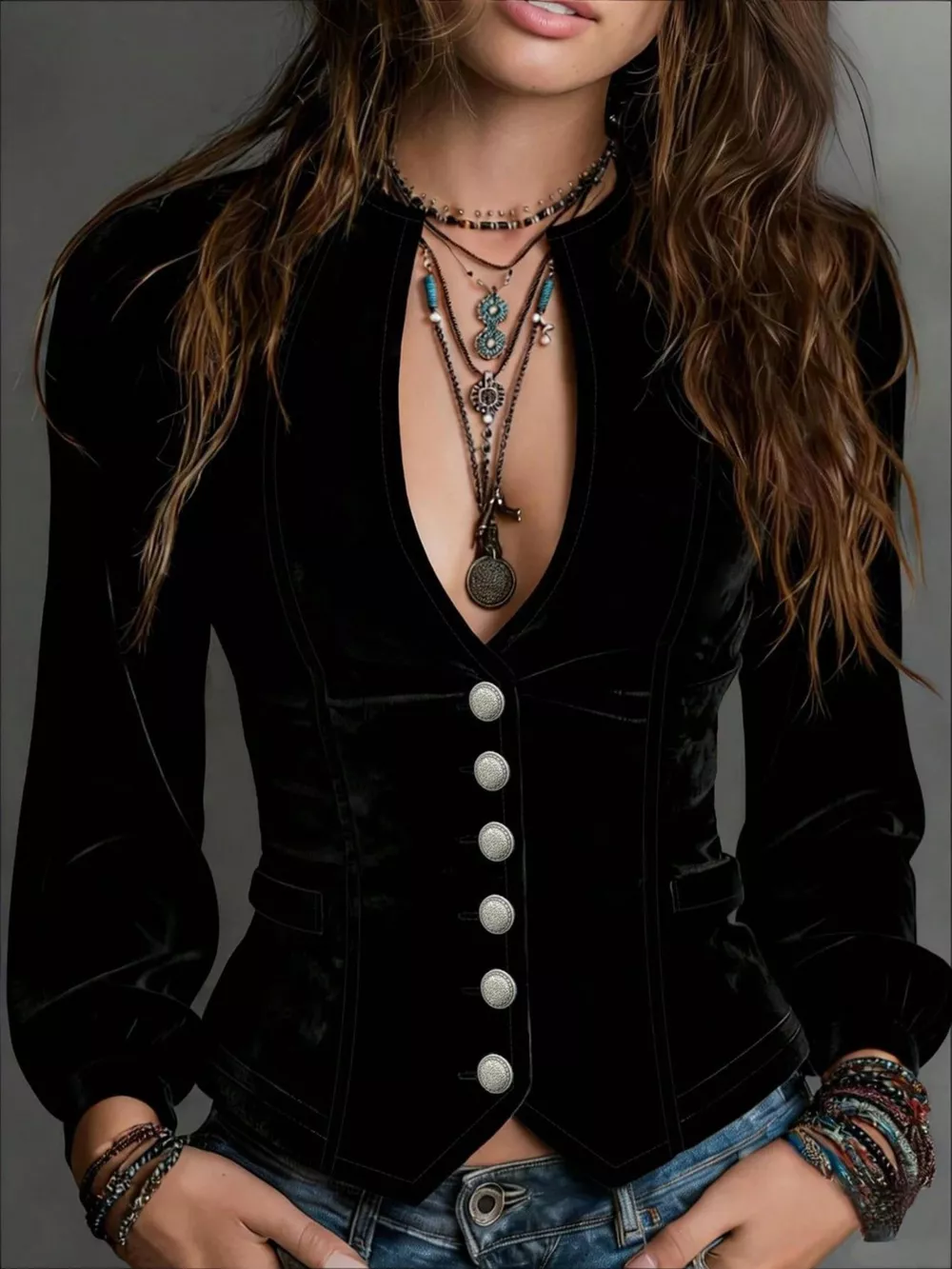 Button Down Plunge Velvet Shirt, image 11