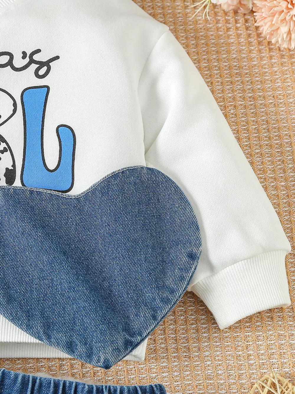 Children's Letter Long Sleeve Top and Denim Skirt Set with Heart Bag, image 3