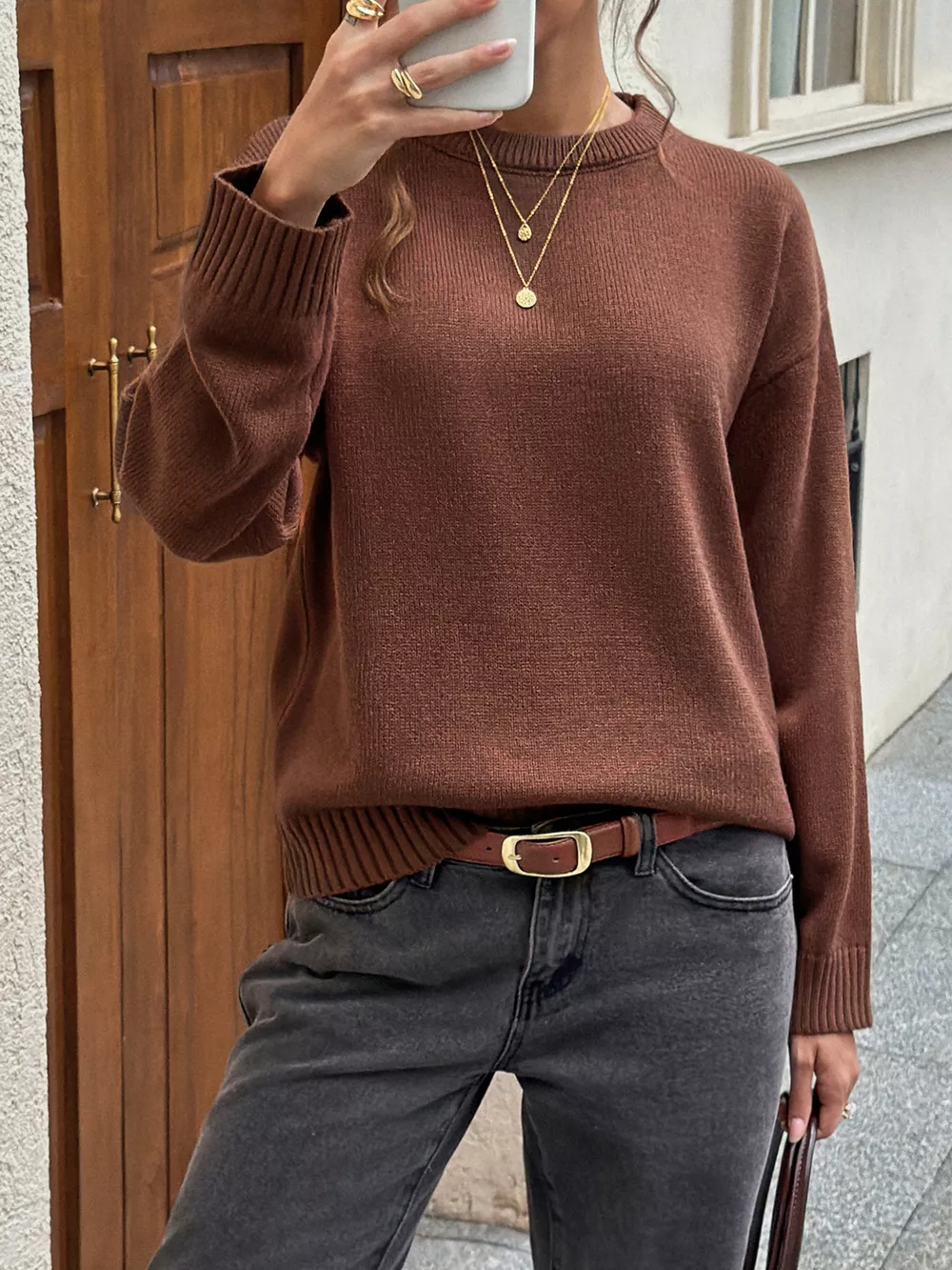Crew Neck Ribbed Hem Sweater, image 2