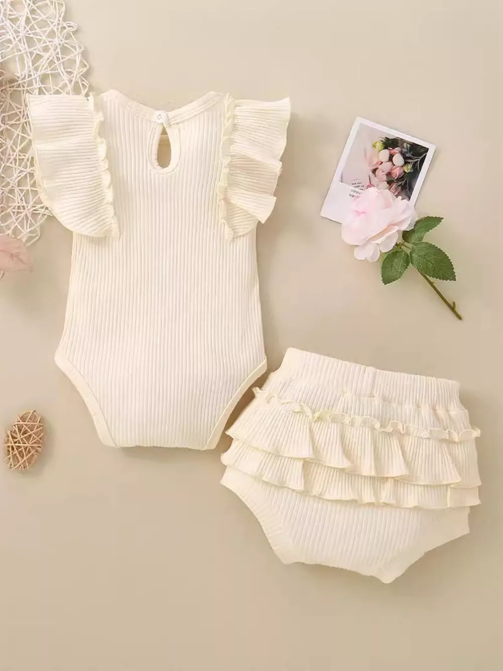 Children's Ribbed Ruffle Trim Bodysuit & Shorts Set, image 13