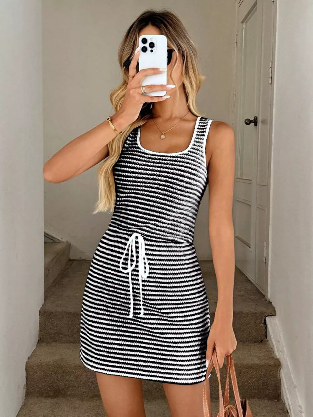 Striped Knitted Mini Dress with Drawstring, image 14