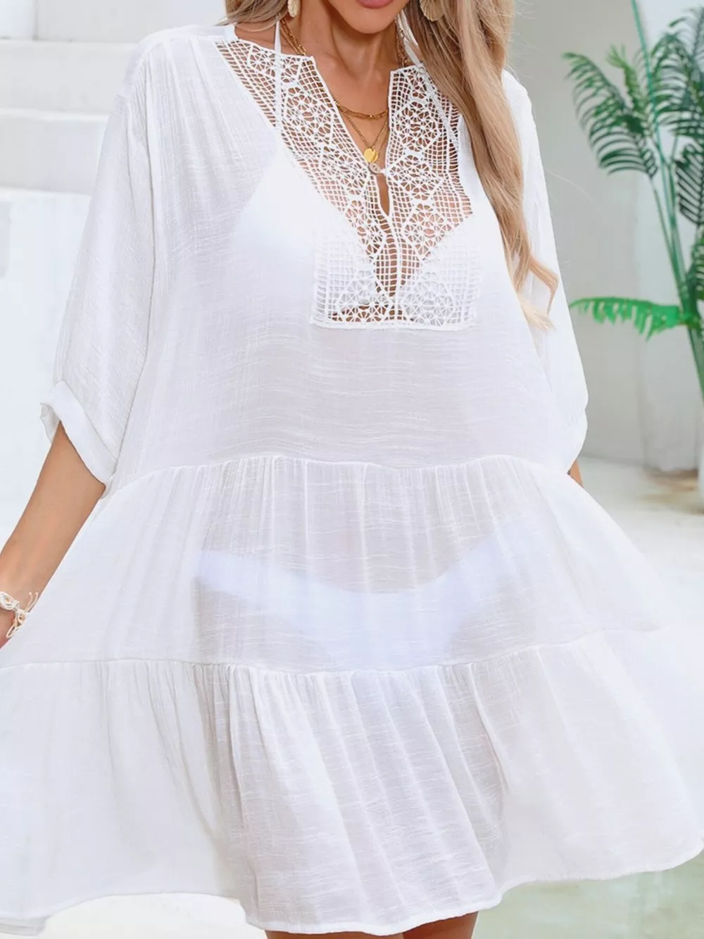 Lace Trimmed Tiered Cover-Up Dress, image 7