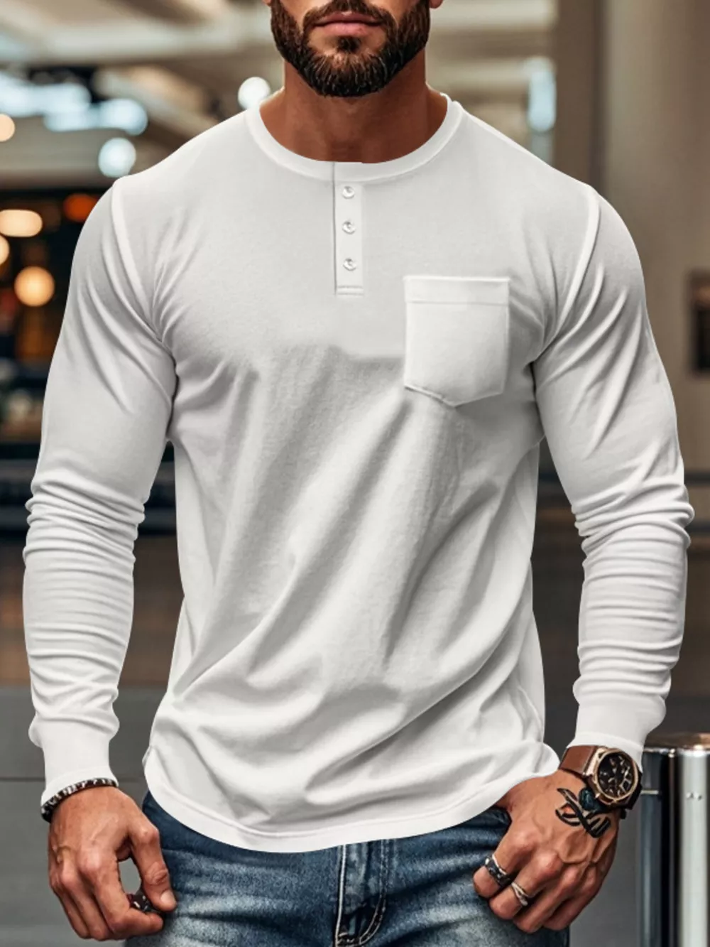 Men's Plus Size Casual Long Sleeve Henley T-Shirt with Pocket, image 6