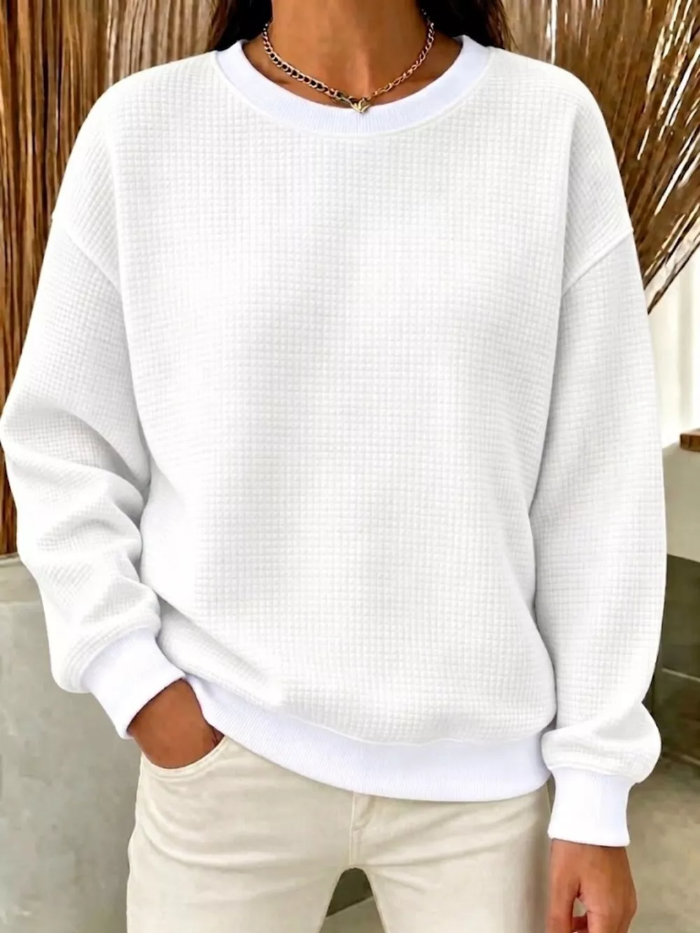 Full Size Waffle Knit Crewneck Sweatshirt Plus Size, image 5