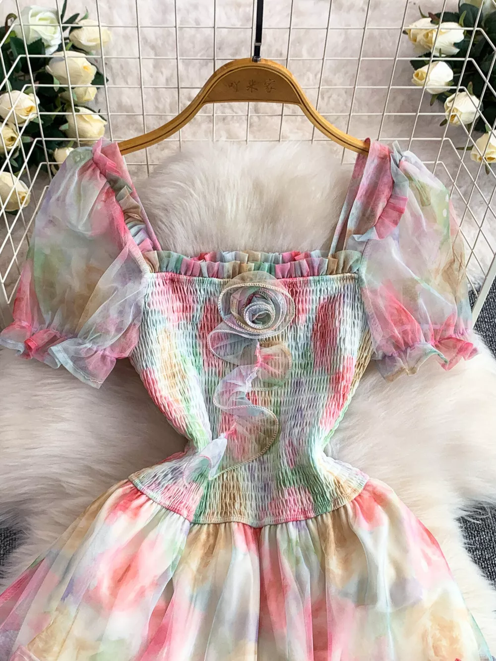 Smocked Floral Tiered Mesh Midi Dress, image 22