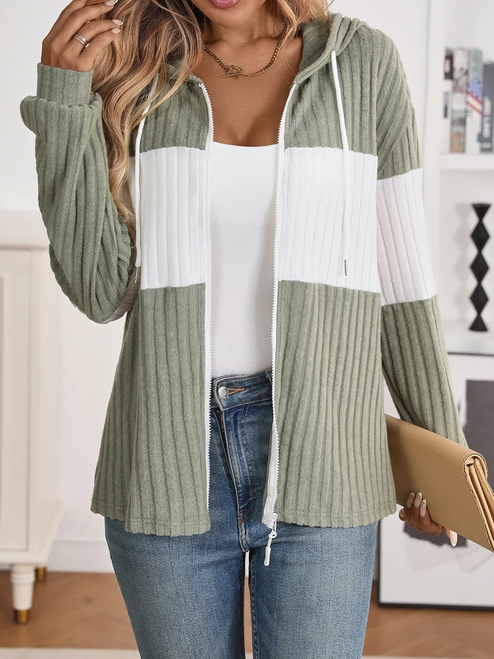 Drawstring Color Block Zip Up Outerwear, image 11