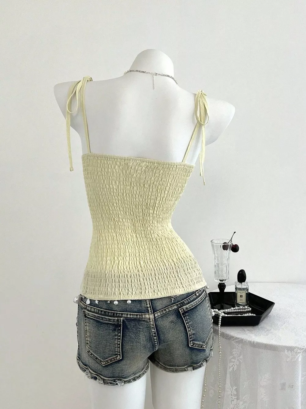 Lace-Trimmed Tie Shoulder Cami, image 5