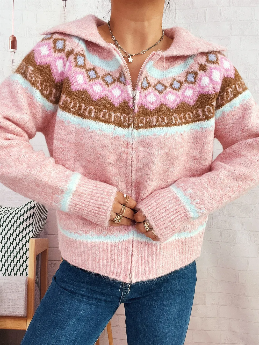 Fair Isle Pattern Zip-Up Cardigan, image 8