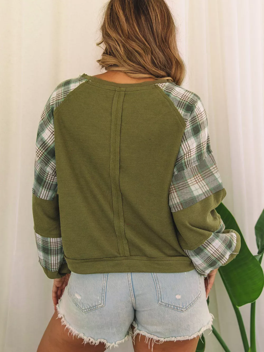 Plaid Patch Waffle Knit Exposed Seam Bubble Sleeve Top, image 2
