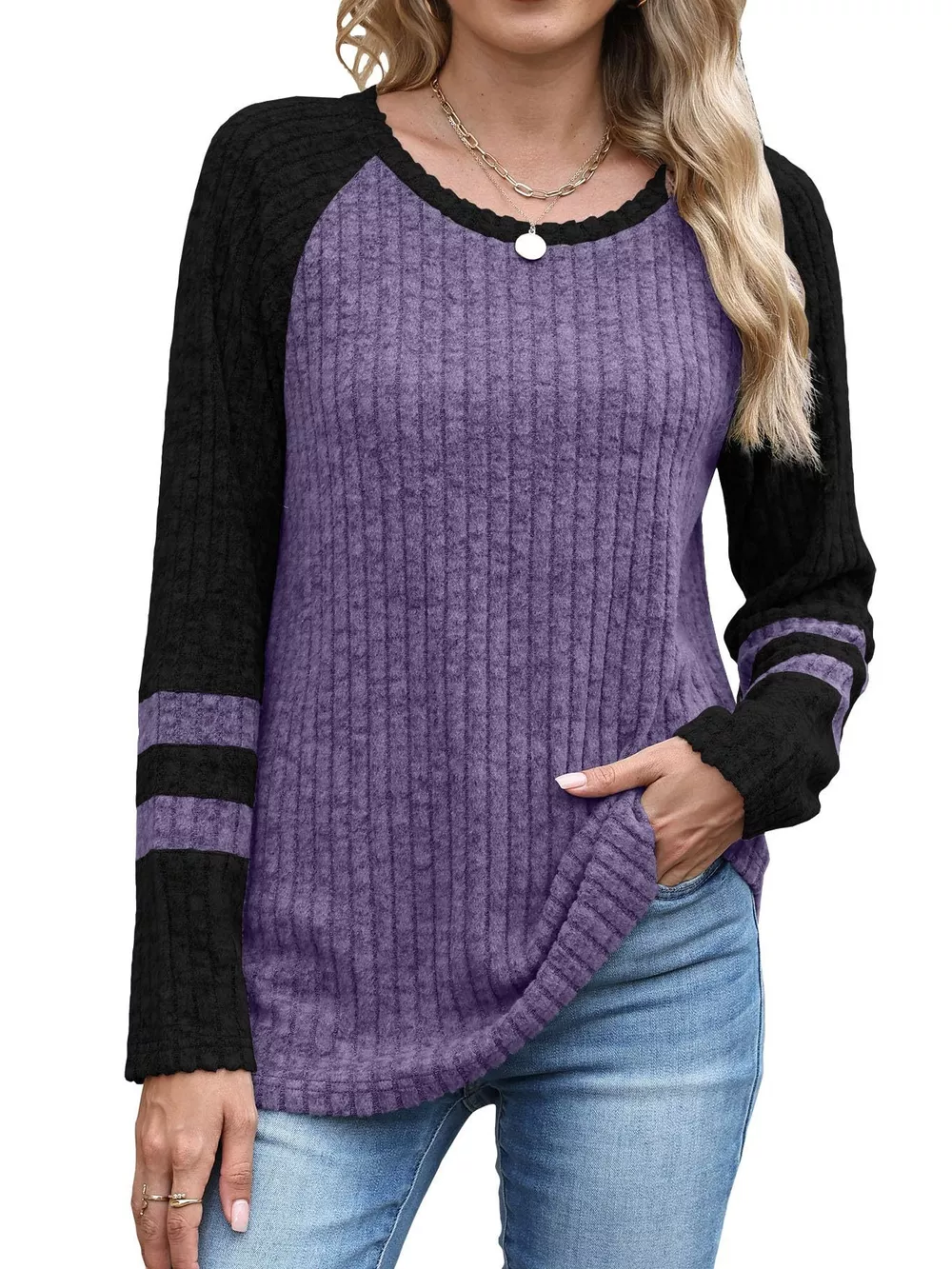 Ribbed Round Neck Raglan Sleeve Top, image 6