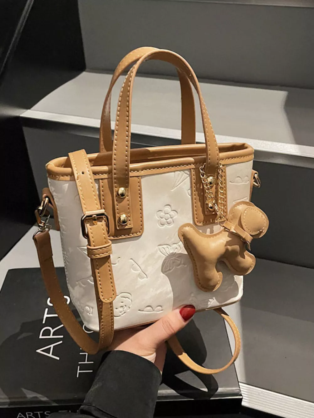 Embossed Pattern Crossbody Bag with Dog Charm, image 5