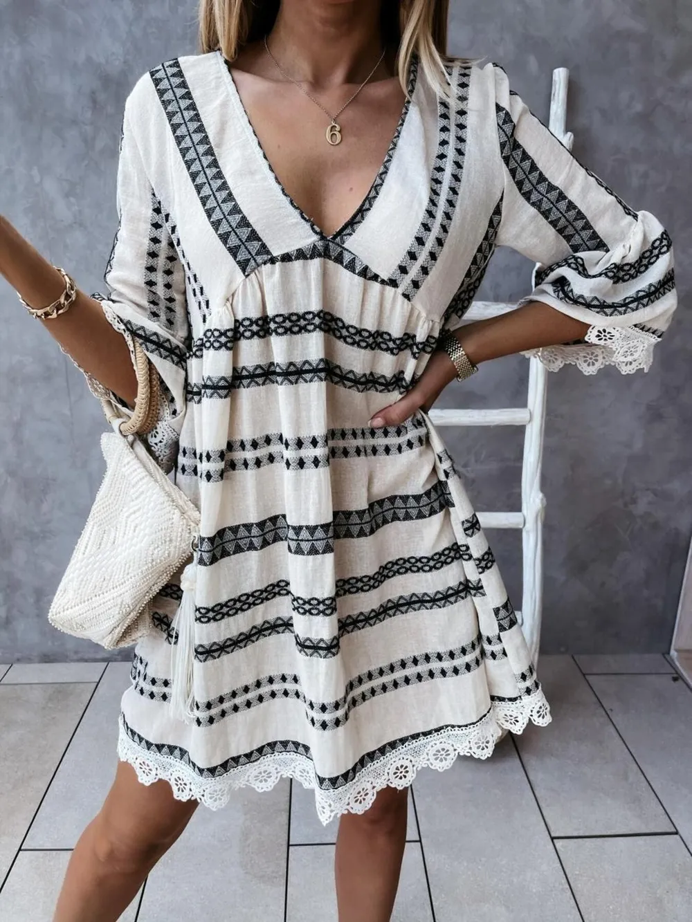 V-Neck Lace Trim Striped Babydoll Dress, image 10