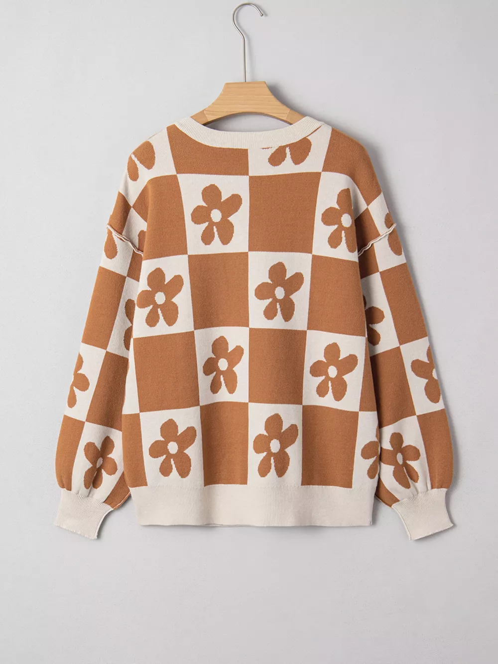 Flower Plaid Henley Baggy Sweater, image 9
