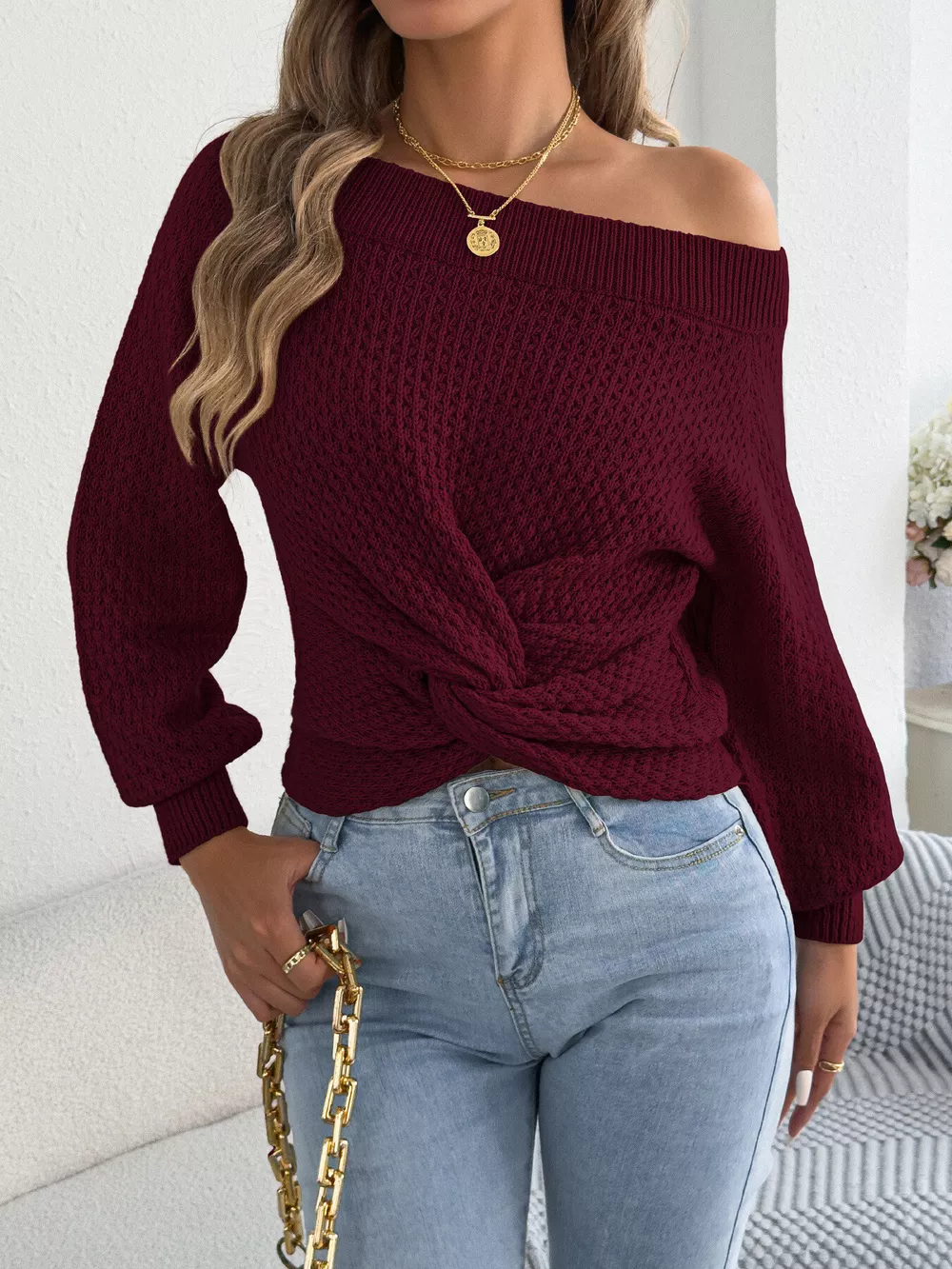 Off-Shoulder Twist Front Textured Knit Top, image 12