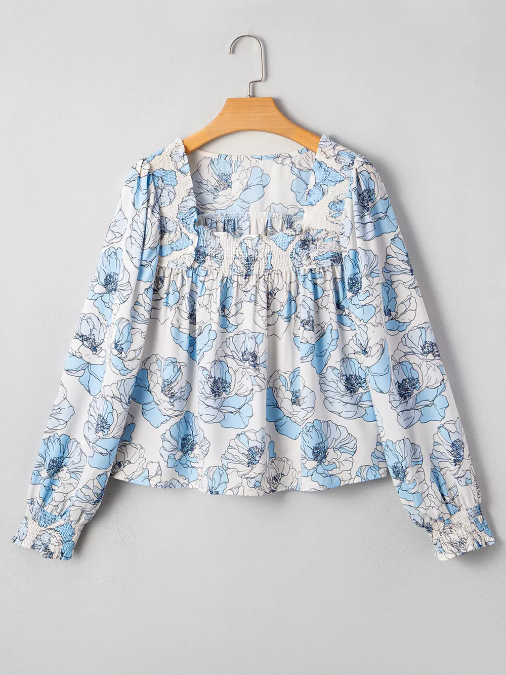 Floral Print Frilly Smocked Square Neck Long Sleeve Blouse, image 8