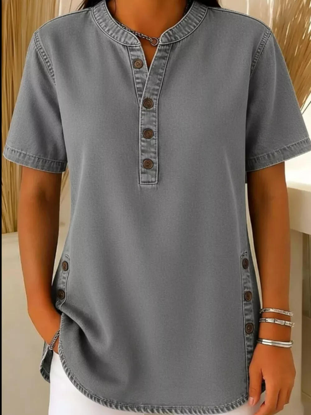 Full Size Button Detail Short Sleeve Blouse Plus Size, image 5