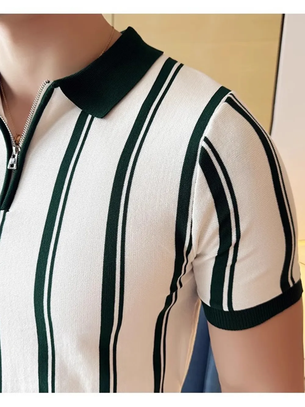 Men's Full Size Classic Striped Zip Collar Polo Shirt Plus Size, image 7