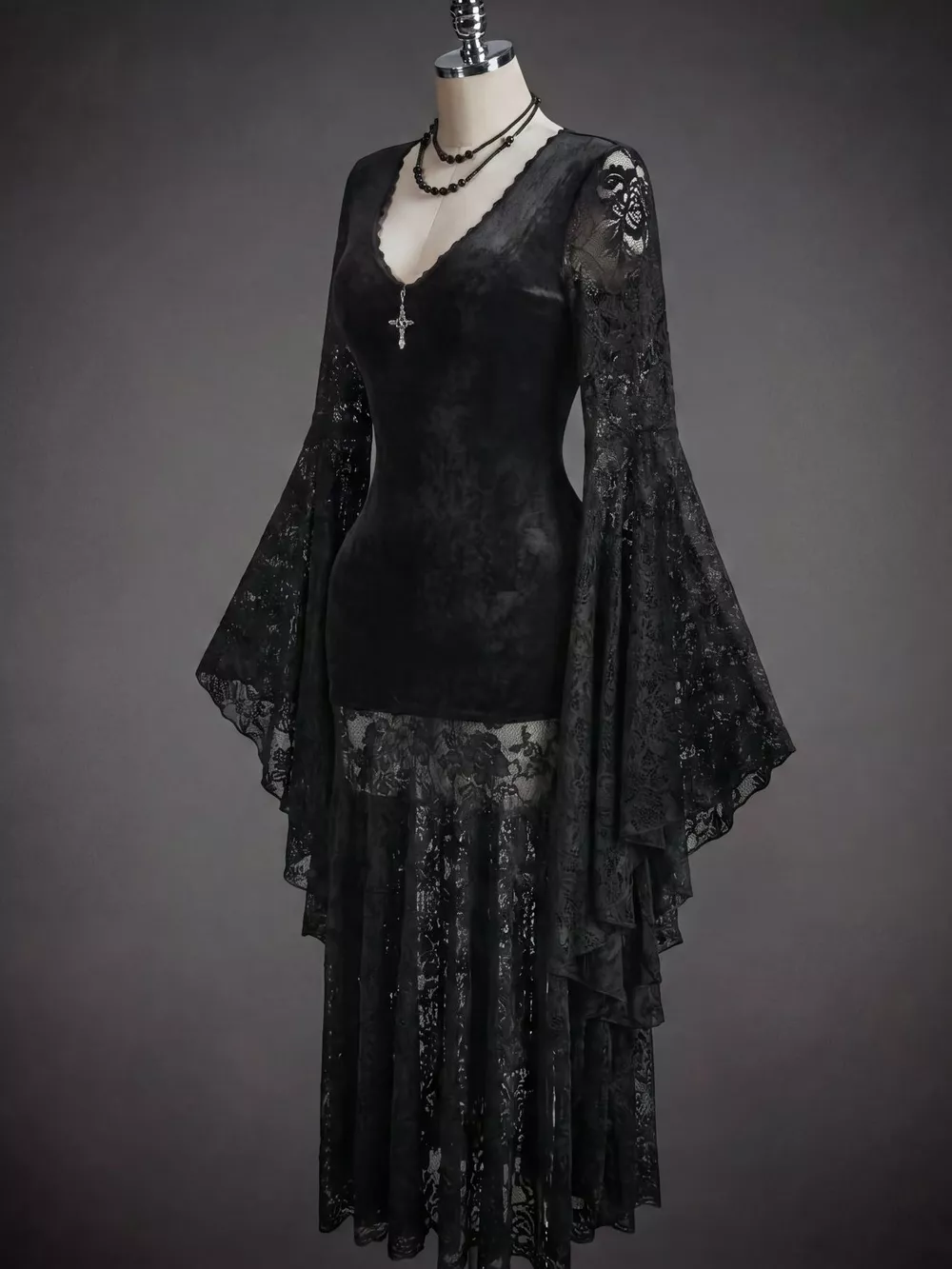 Lace V-Neck Flare Sleeve Dress, image 2