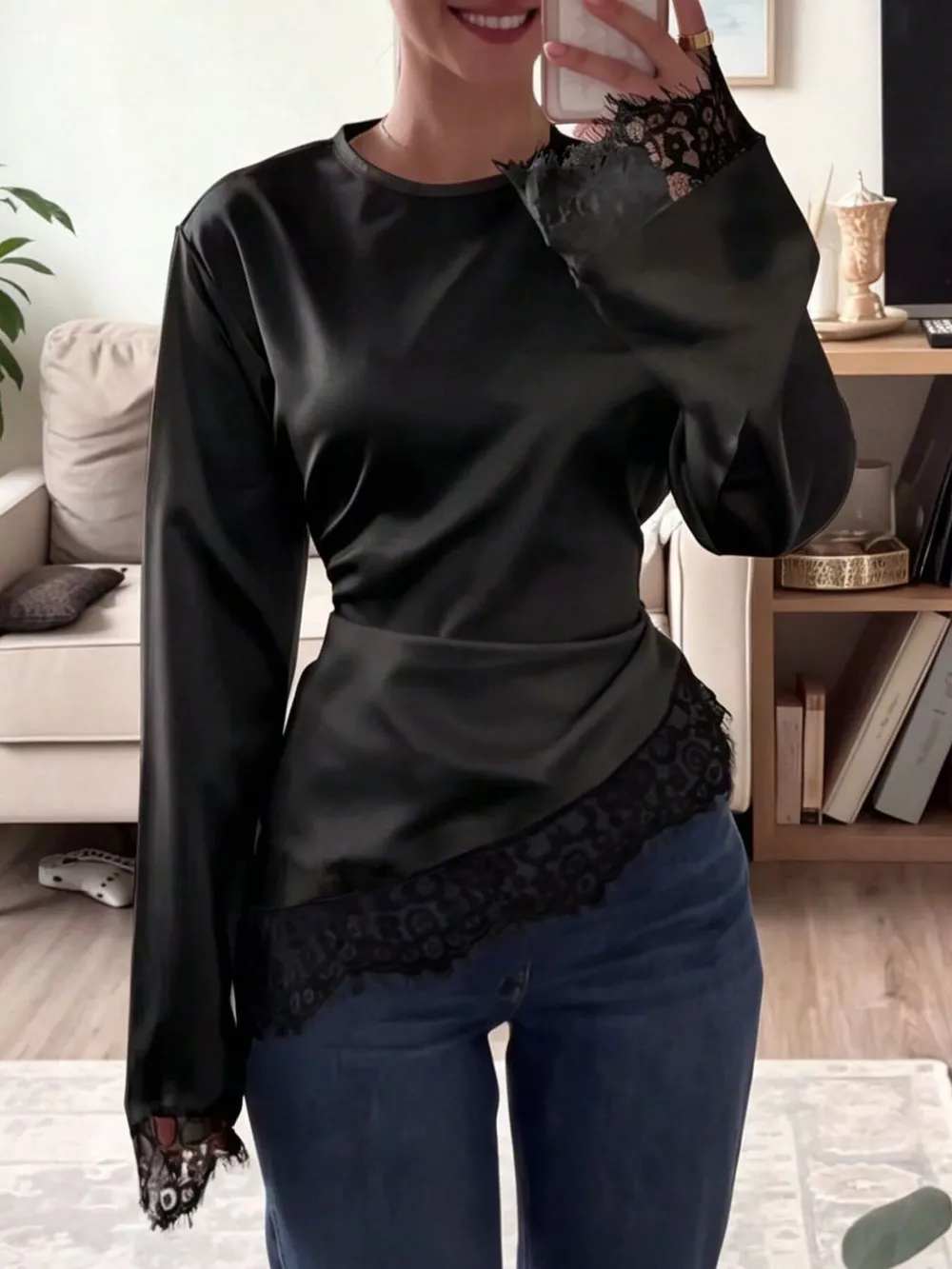 Satin Lace Trim Flare Sleeve Blouse, image 5