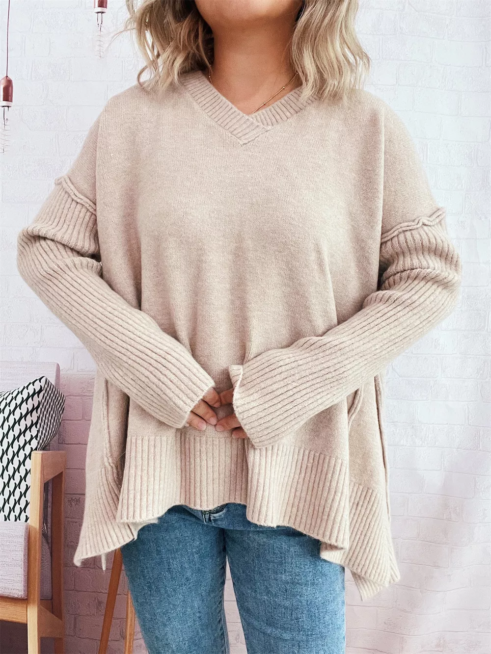 V-Neck Dropped Shoulder Sweater, image 7