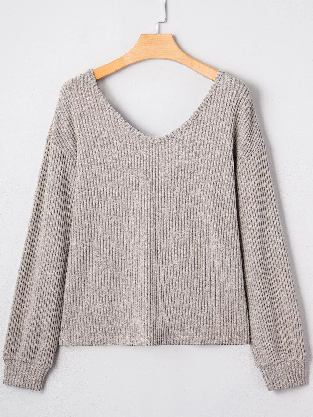 Ribbed V Neck Contrast Ribbon Bow Back Drop Shoulder Long Sleeve Top, image 10