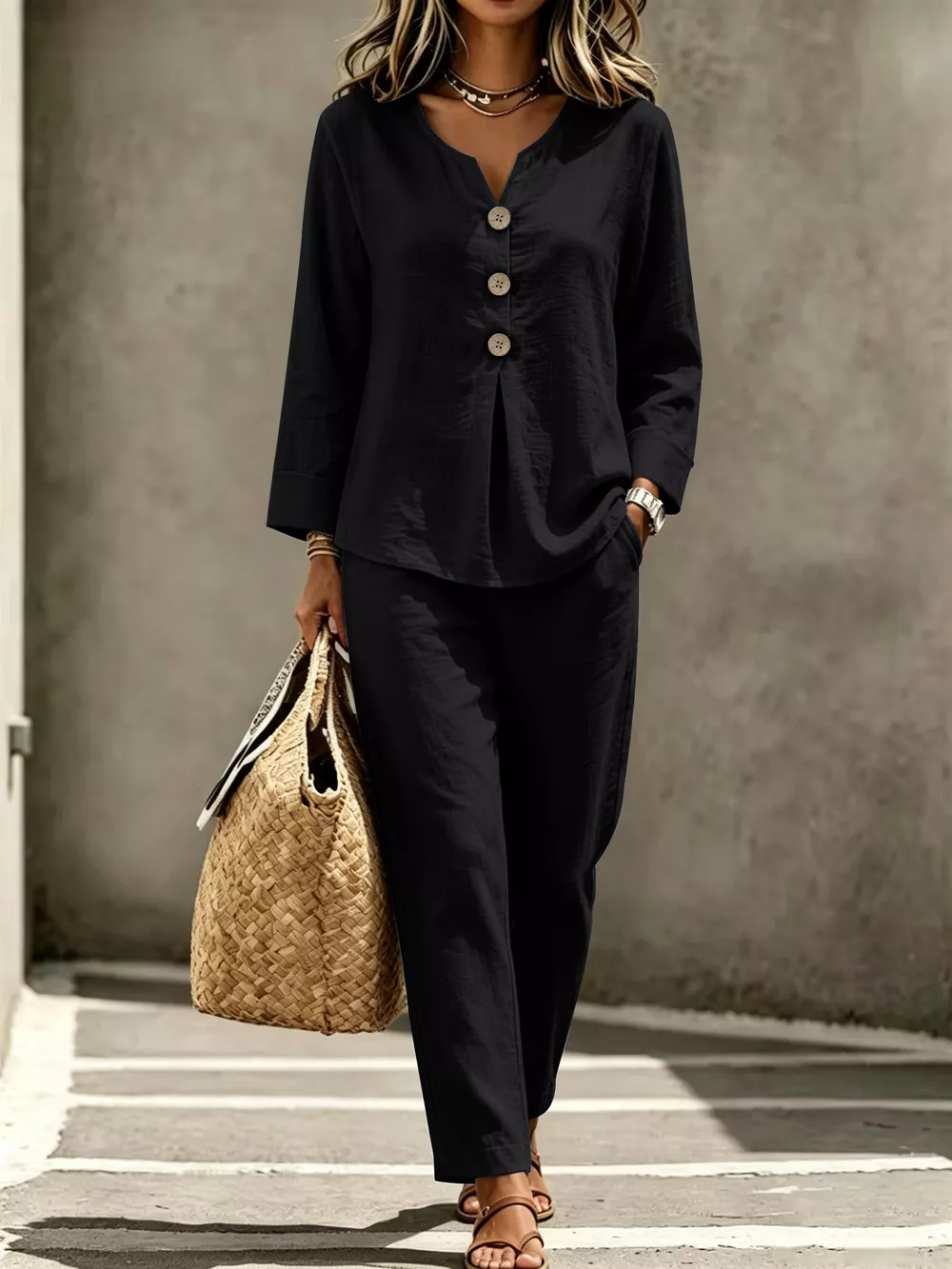 Button Detail Long Sleeve Top and Pants Set, image 7