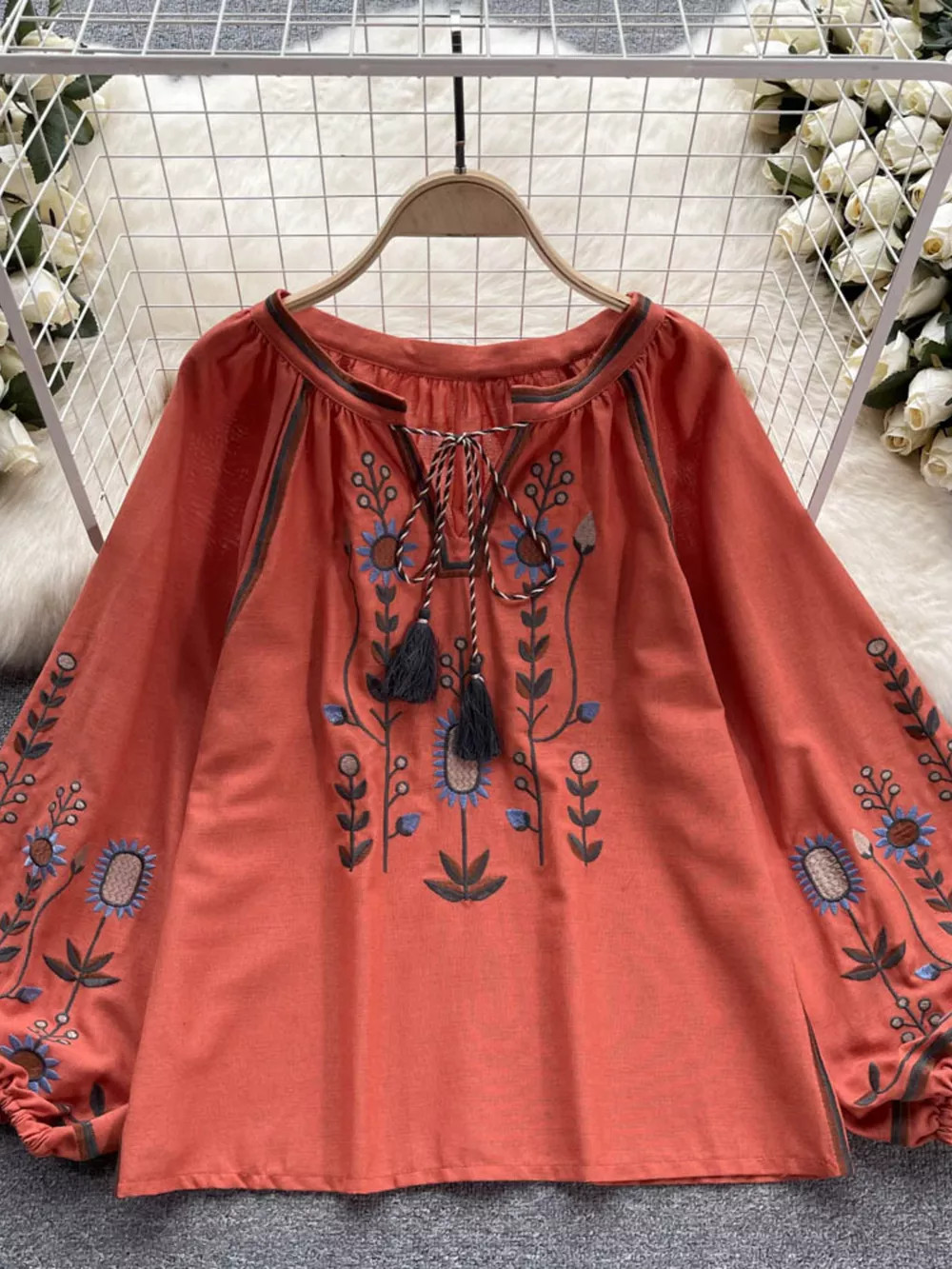 Embroidered Tie Neck Blouse, image 10
