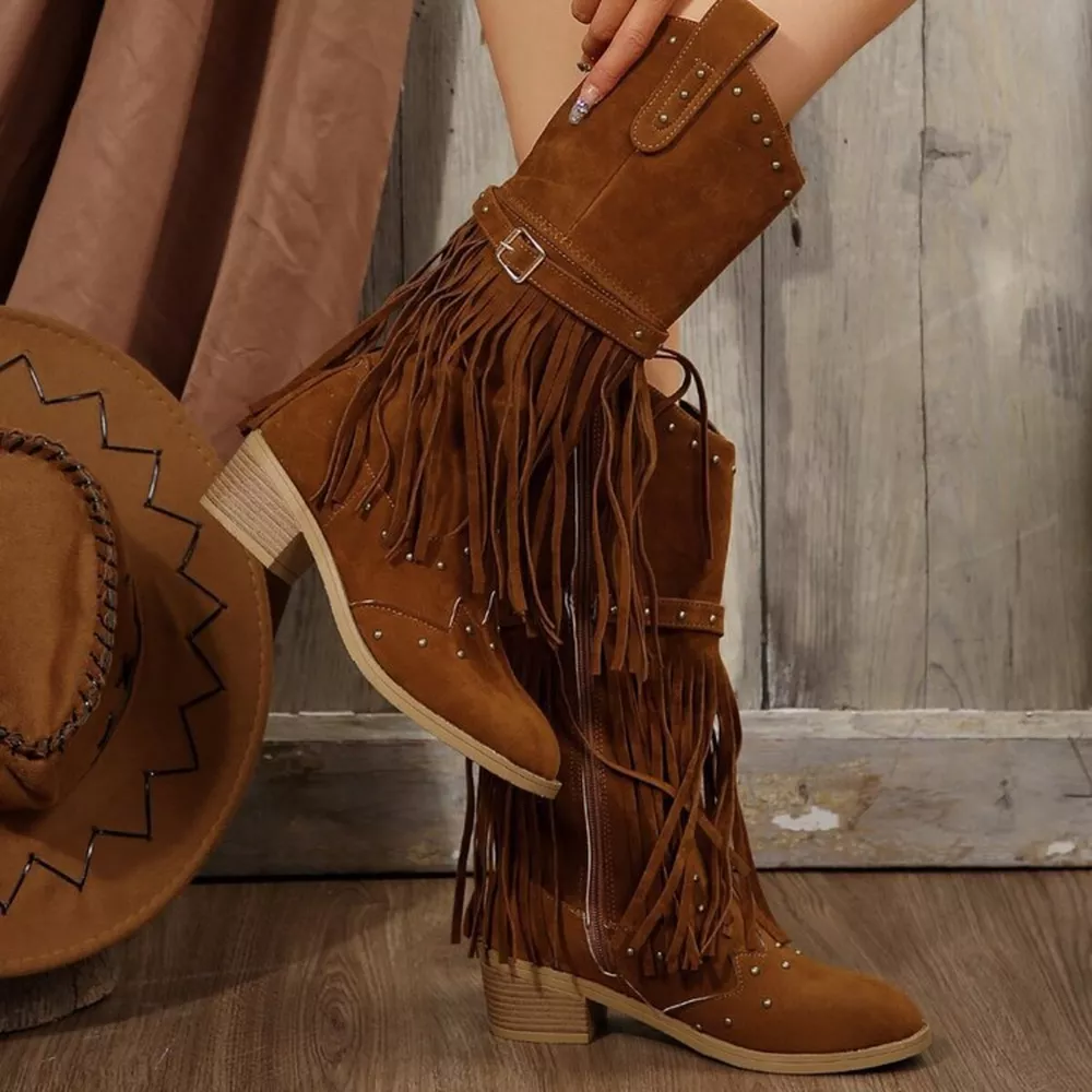 Fringe Point Toe Block Heels Boots, image 13