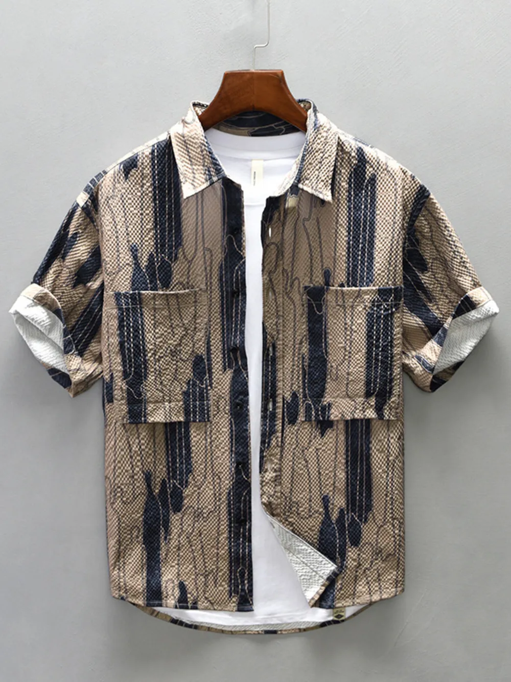 Men's Plus Size Printed Button Up Short Sleeve Shirt