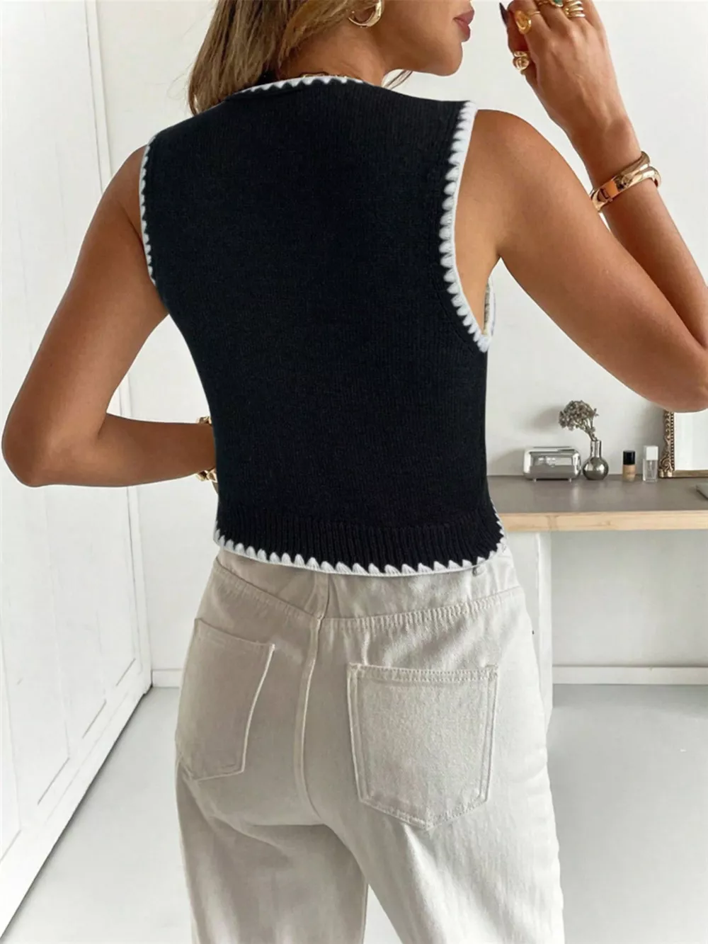 Contrast Trim Button Up Sweater Vest, image 7