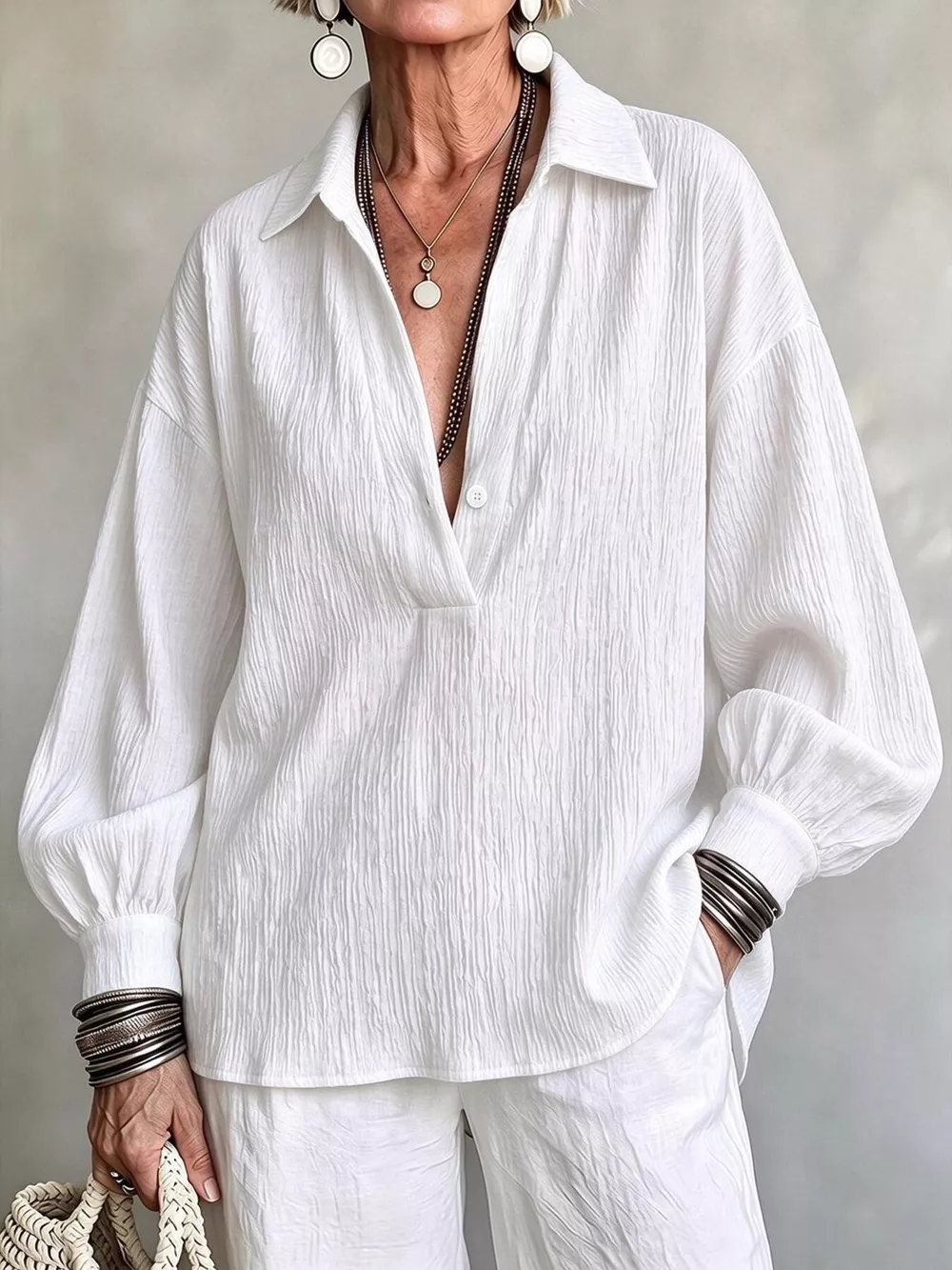 Full Size Textured Lantern Sleeves Blouse Plus Size, image 10