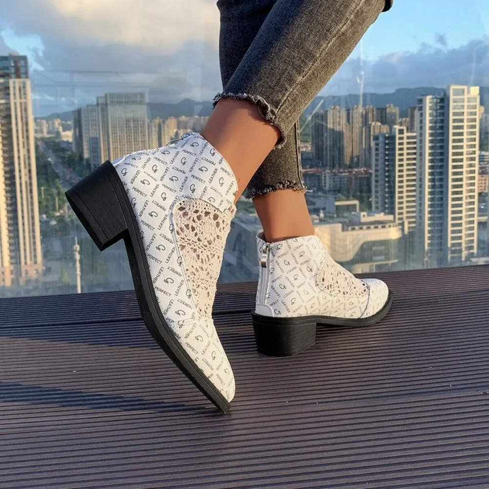Printed Point Toe Block Heels Boots, image 6