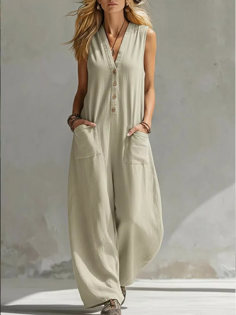 Full Size V-Neck Sleeveless Wide-Leg Jumpsuit Plus Size, image 3