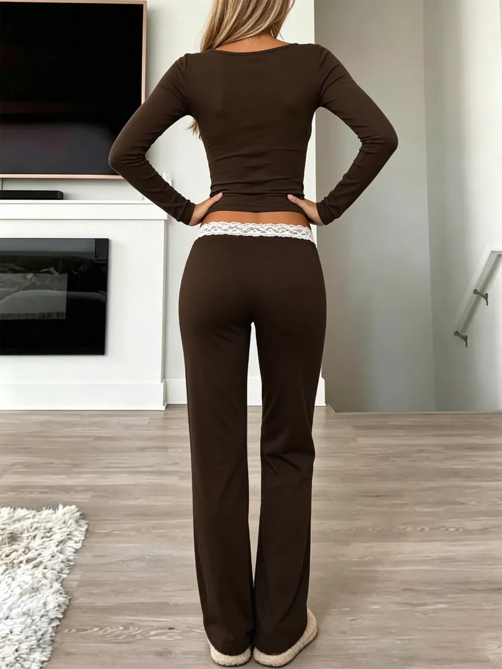 Long Sleeve Lace Trim Crop Top and Wide Leg Pants Set, image 2