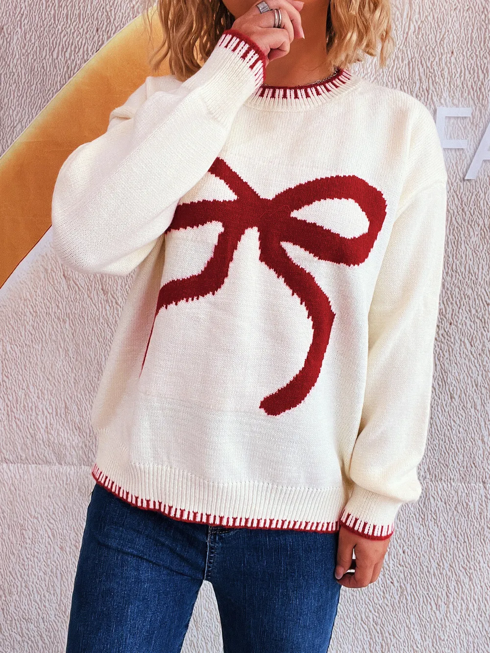 Bow Pattern Round Neck Sweater, image 5