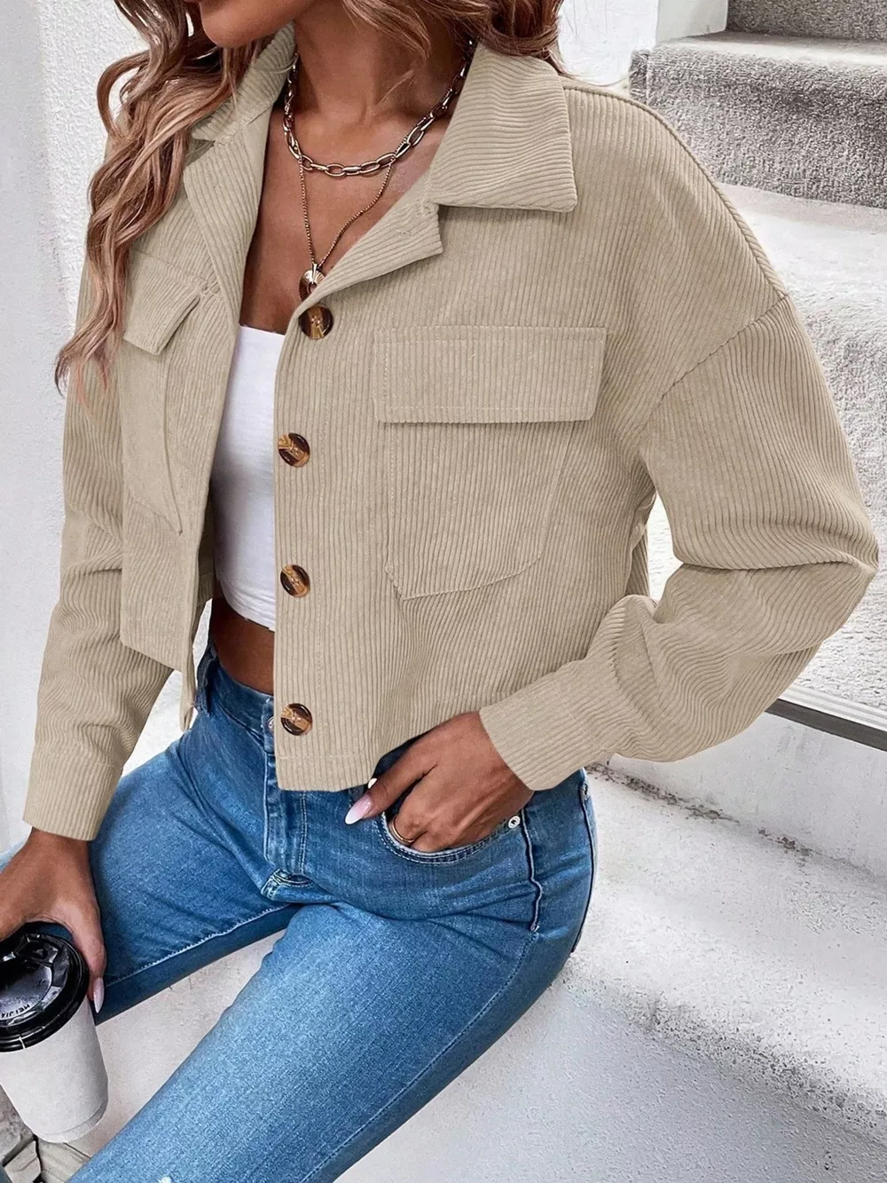 Cropped Corduroy Button-Down Jacket, image 8