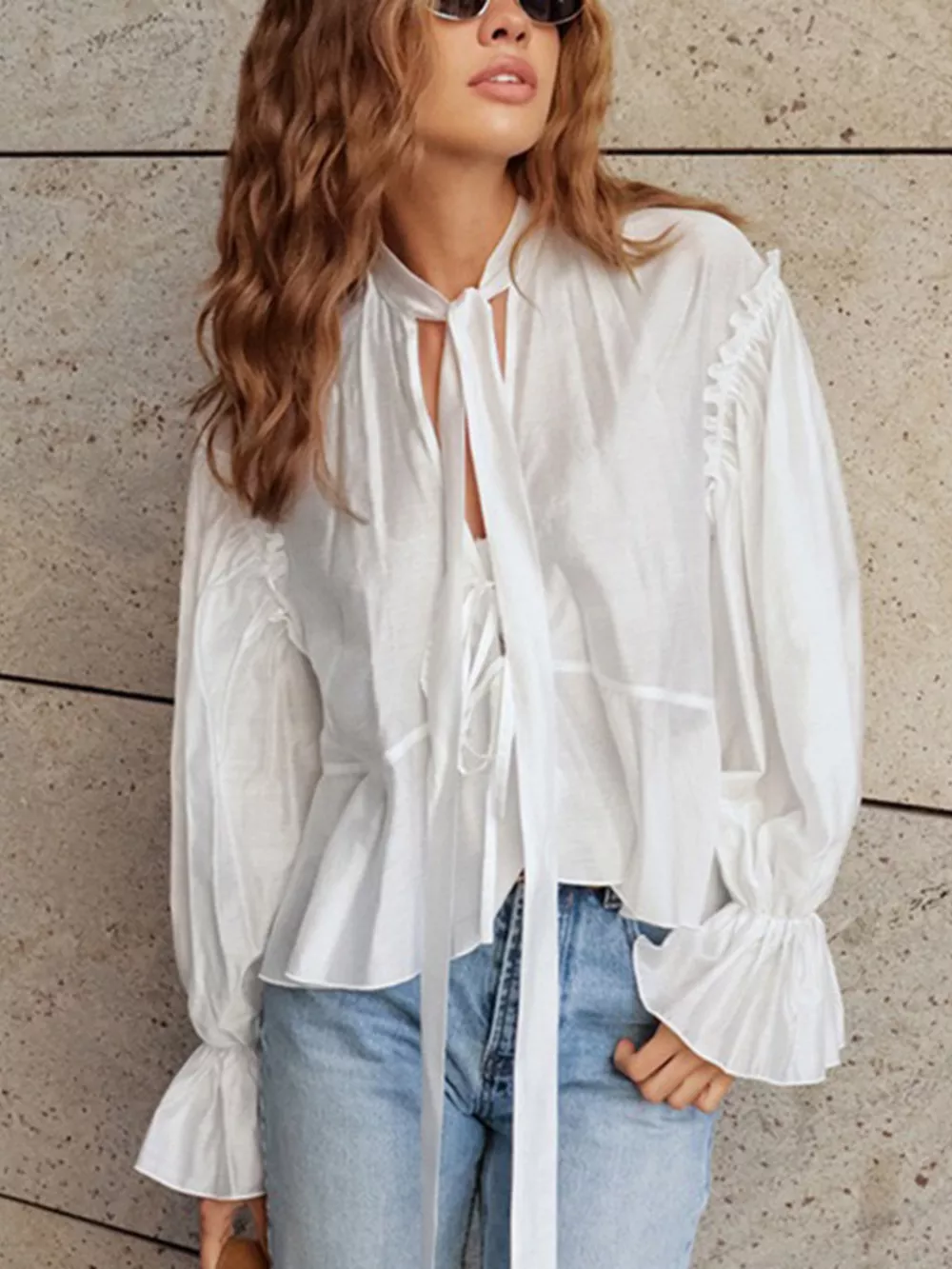 Tie Neck Flounce Sleeve Blouse, image 3