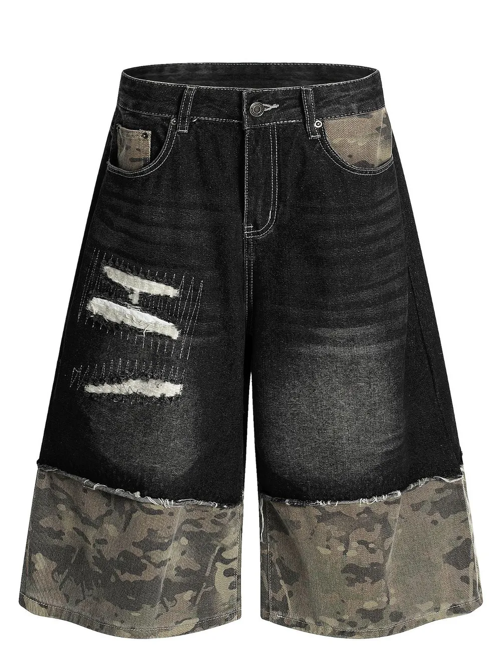 Men's Distressed Camo Panel Denim Shorts