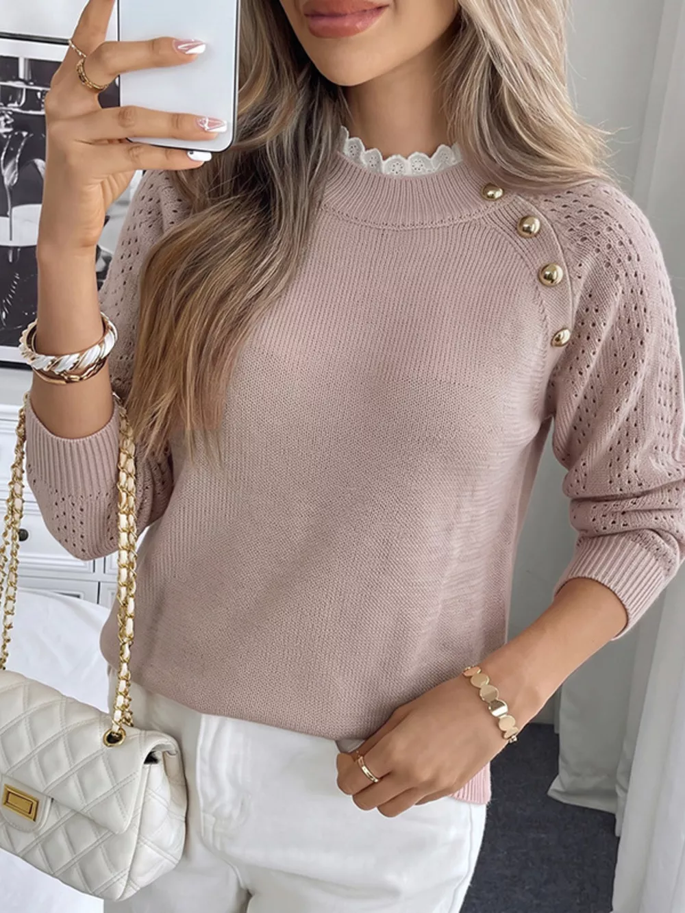 Openwork Mock Neck Sweater, image 3